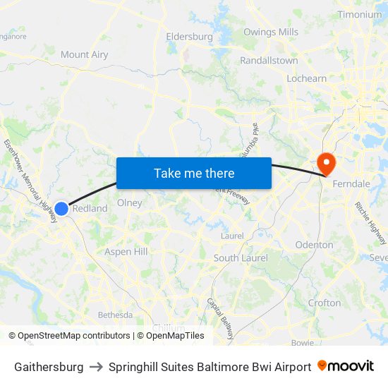 Gaithersburg to Springhill Suites Baltimore Bwi Airport map