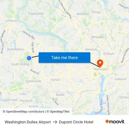 Washington Dulles Airport to Dupont Circle Hotel map