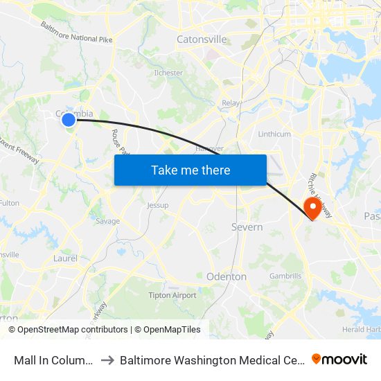 Mall In Columbia to Baltimore Washington Medical Center map