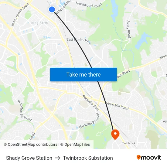 Shady Grove Station to Twinbrook Substation map