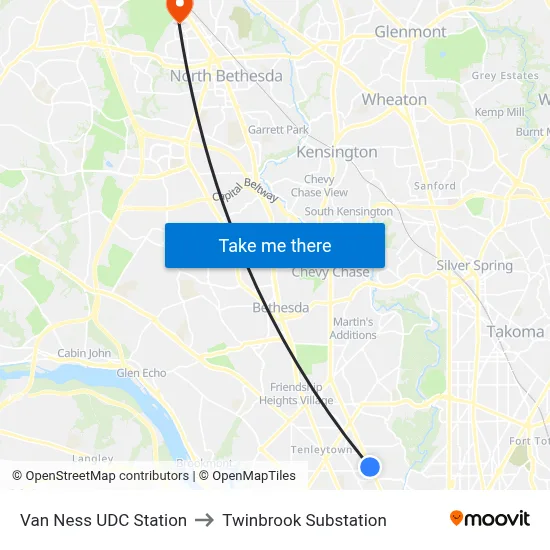 Van Ness UDC Station to Twinbrook Substation map