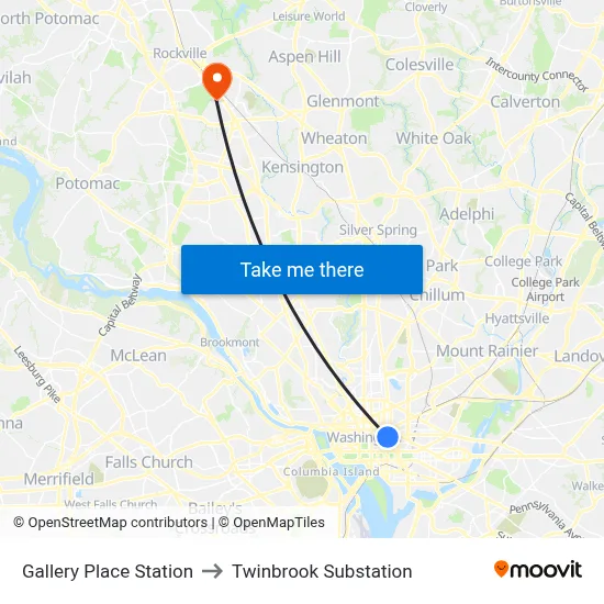 Gallery Place Station to Twinbrook Substation map
