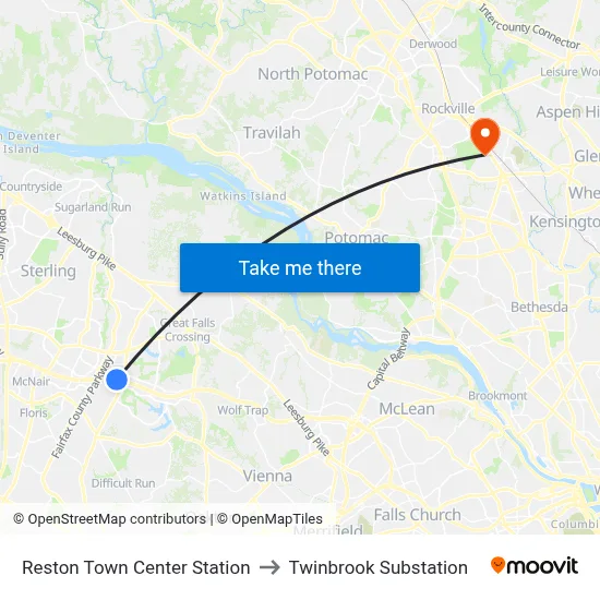 Reston Town Center Station to Twinbrook Substation map
