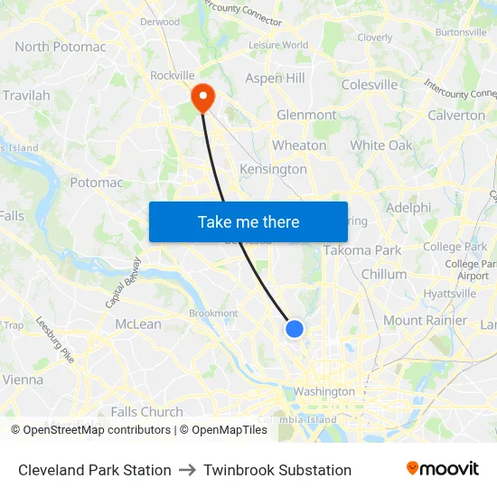Cleveland Park Station to Twinbrook Substation map