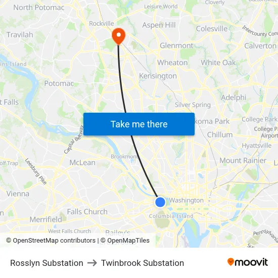 Rosslyn Substation to Twinbrook Substation map
