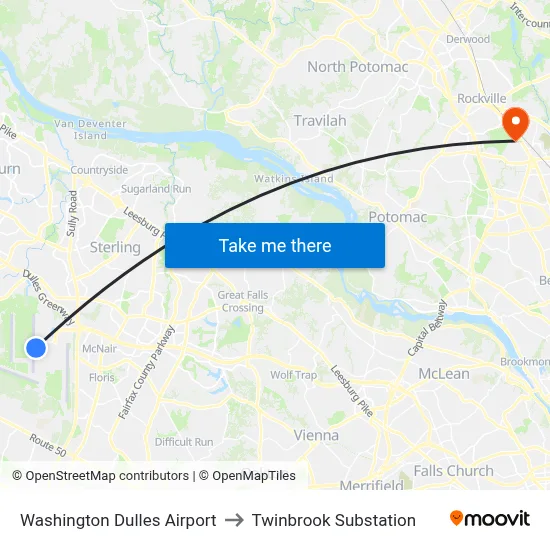 Washington Dulles Airport to Twinbrook Substation map