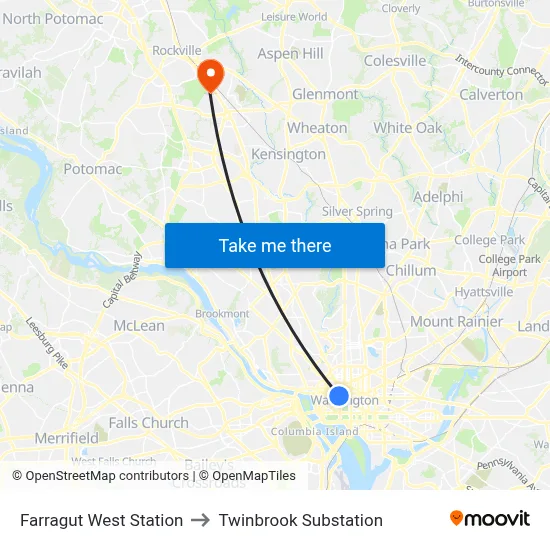 Farragut West Station to Twinbrook Substation map