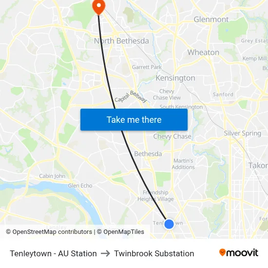 Tenleytown - AU Station to Twinbrook Substation map