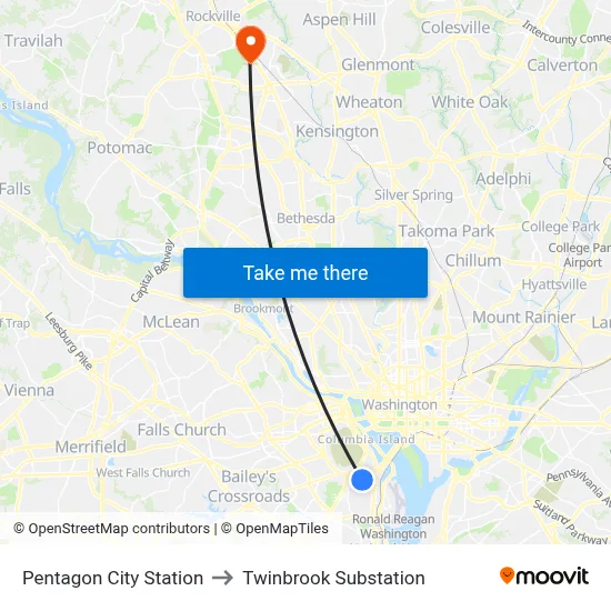 Pentagon City Station to Twinbrook Substation map