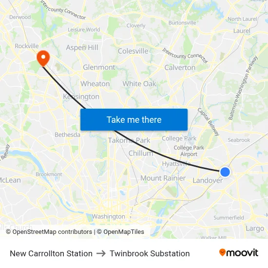 New Carrollton Station to Twinbrook Substation map