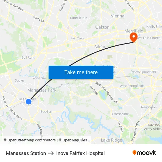 Manassas Station to Inova Fairfax Hospital map