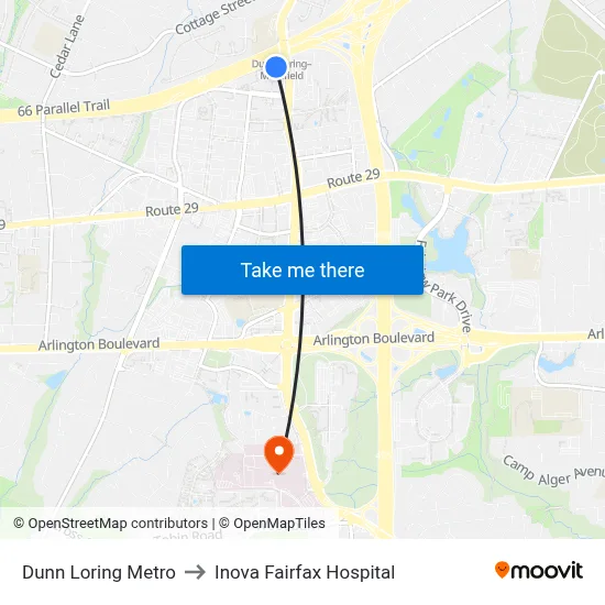 Dunn Loring Metro to Inova Fairfax Hospital map