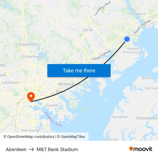 Aberdeen to M&T Bank Stadium map