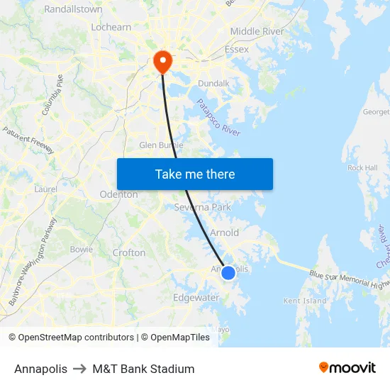 Annapolis to M&T Bank Stadium map