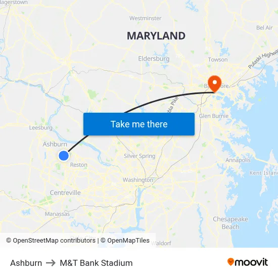 Ashburn to M&T Bank Stadium map