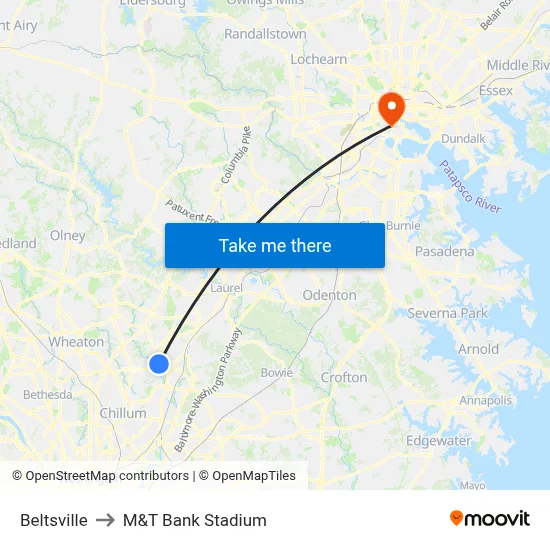 Beltsville to M&T Bank Stadium map