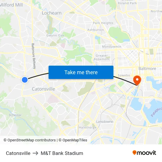 Catonsville to M&T Bank Stadium map