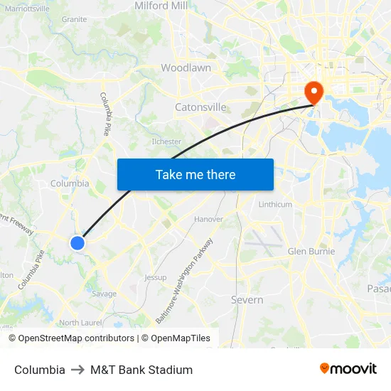 Columbia to M&T Bank Stadium map