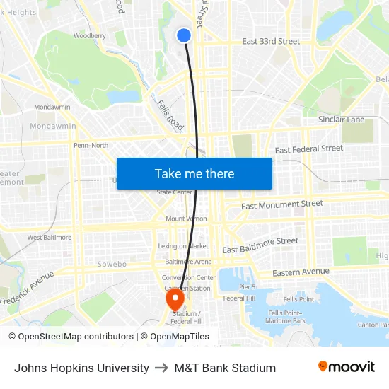 Johns Hopkins University to M&T Bank Stadium map