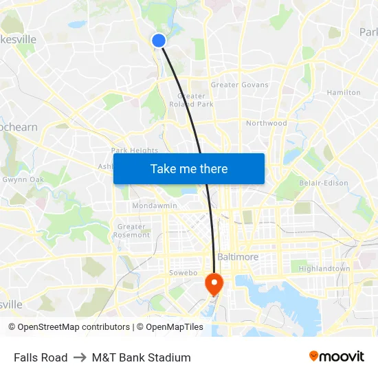 Falls Road to M&T Bank Stadium map