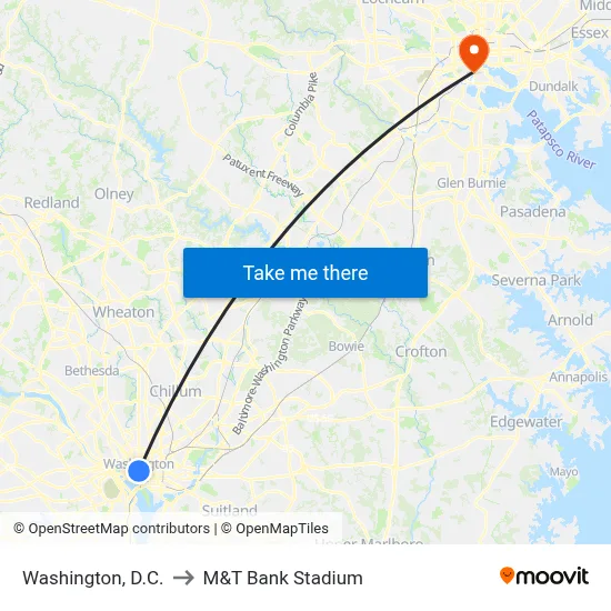 Washington, D.C. to M&T Bank Stadium map