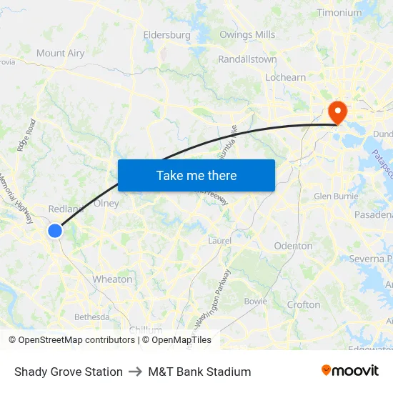 Shady Grove Station to M&T Bank Stadium map