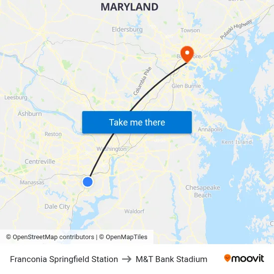 Franconia Springfield Station to M&T Bank Stadium map