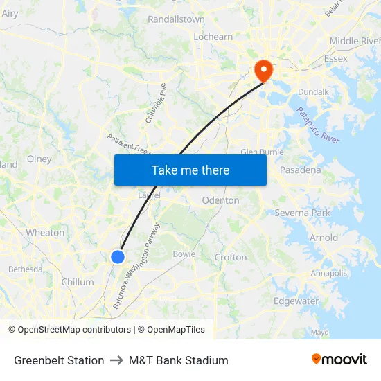 Greenbelt Station to M&T Bank Stadium map