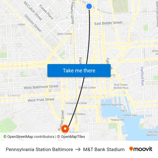 Pennsylvania Station Baltimore to M&T Bank Stadium map
