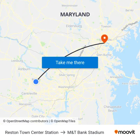 Reston Town Center Station to M&T Bank Stadium map