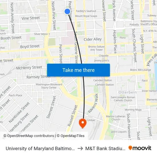 University of Maryland Baltimore to M&T Bank Stadium map