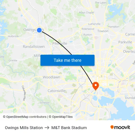 Owings Mills Station to M&T Bank Stadium map