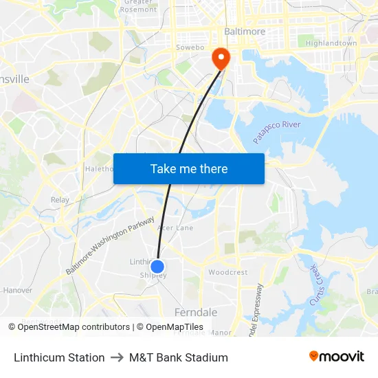 Linthicum Station to M&T Bank Stadium map