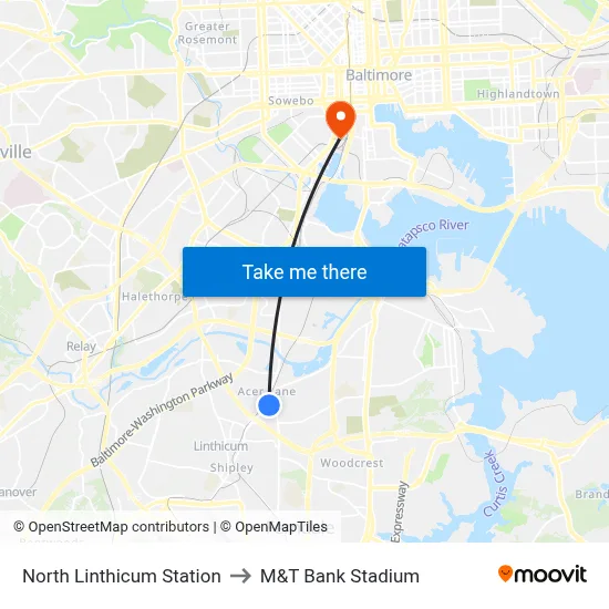 North Linthicum Station to M&T Bank Stadium map