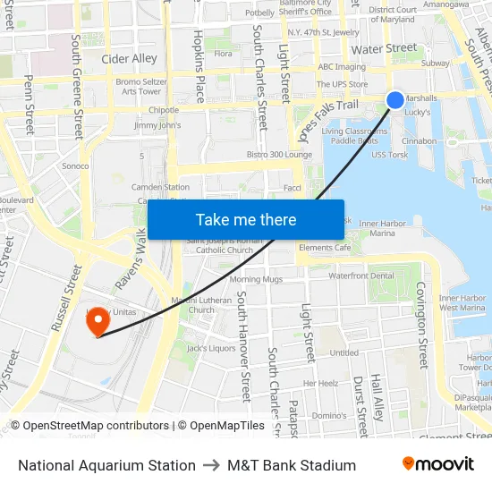 National Aquarium Station to M&T Bank Stadium map