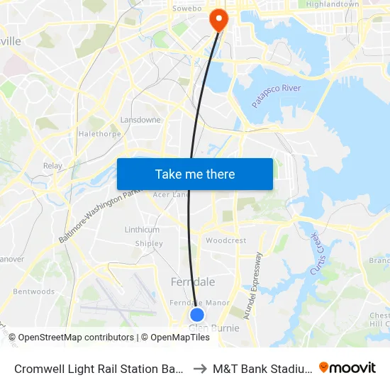 Cromwell Light Rail Station Bay 2 to M&T Bank Stadium map
