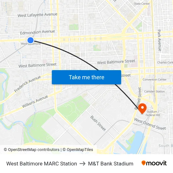 West Baltimore MARC Station to M&T Bank Stadium map
