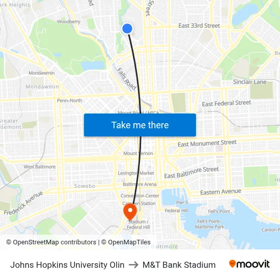 Johns Hopkins University Olin to M&T Bank Stadium map