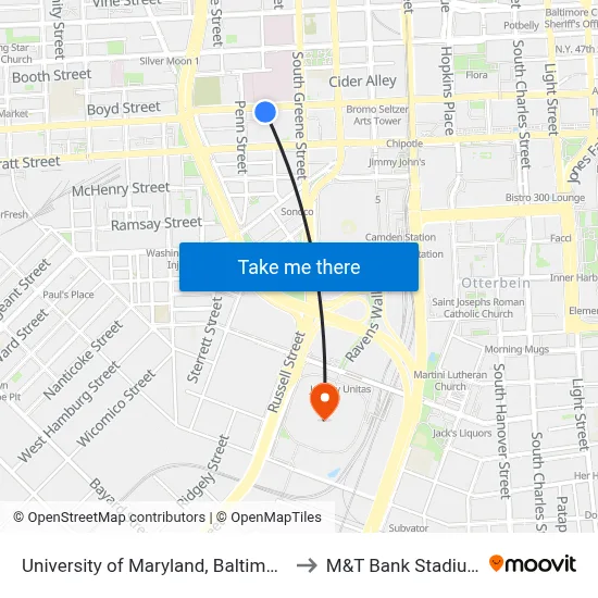 University of Maryland, Baltimore to M&T Bank Stadium map