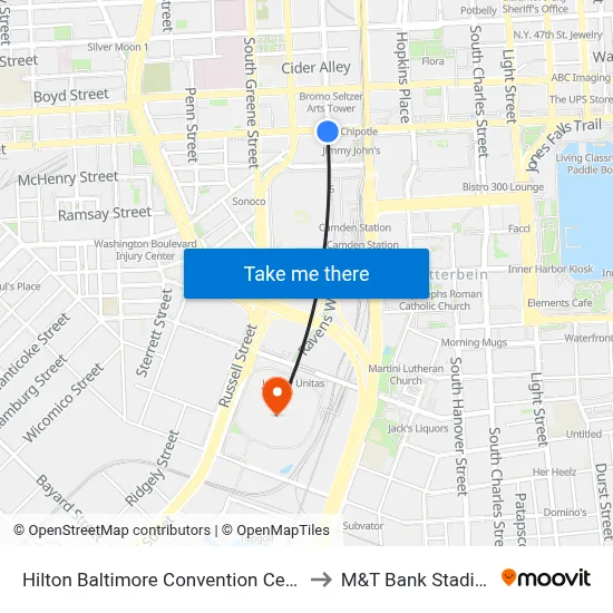 Hilton Baltimore Convention Center to M&T Bank Stadium map