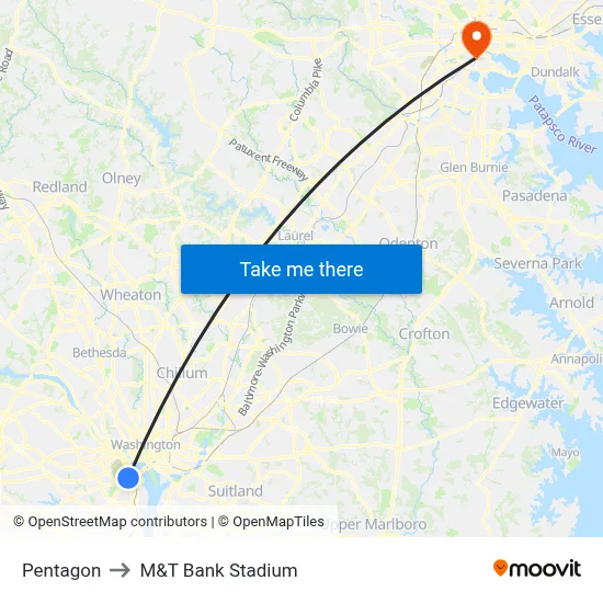 Pentagon to M&T Bank Stadium map