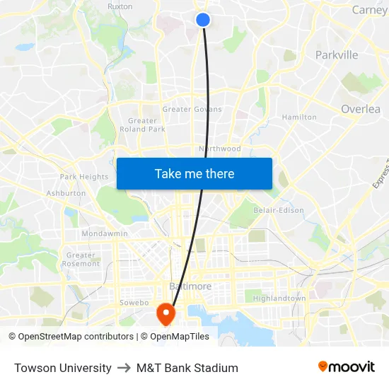 Towson University, 8000 York Rd to M&T Bank Stadium map