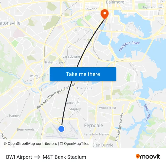 BWI Airport to M&T Bank Stadium map