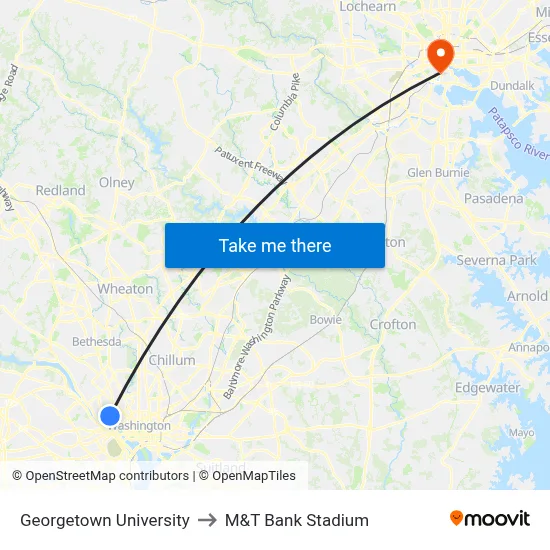 Georgetown University to M&T Bank Stadium map