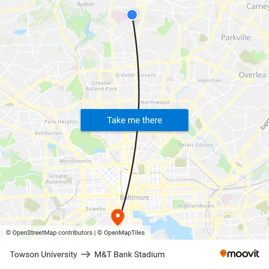 Towson University to M&T Bank Stadium map