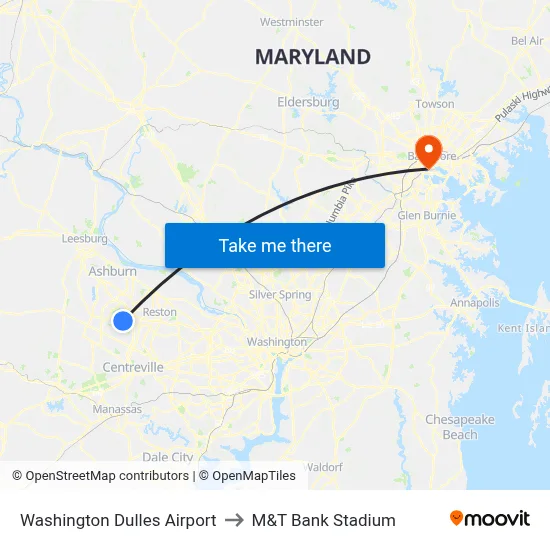 Washington Dulles Airport to M&T Bank Stadium map