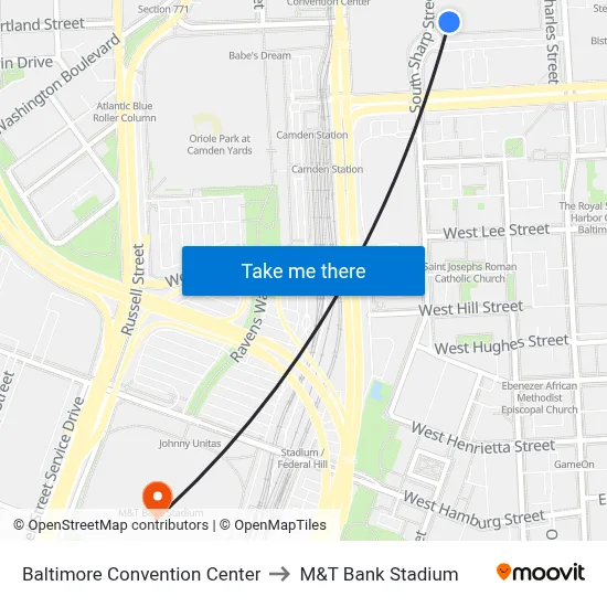 Baltimore Convention Center to M&T Bank Stadium map