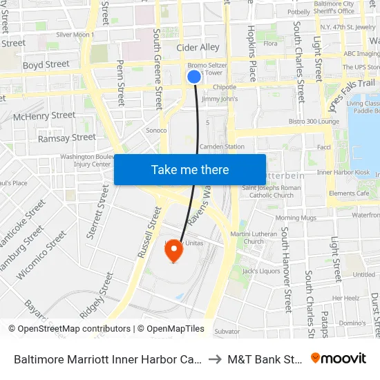 Baltimore Marriott Inner Harbor Camden Yards to M&T Bank Stadium map