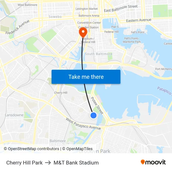 Cherry Hill Park to M&T Bank Stadium map