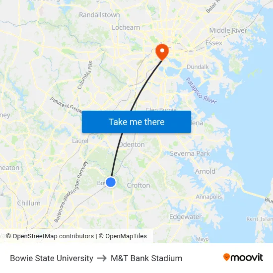 Bowie State University to M&T Bank Stadium map